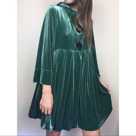 Free People Jackets & Blazers - RARE Free People Green Velvet Hooded Babydoll Coat